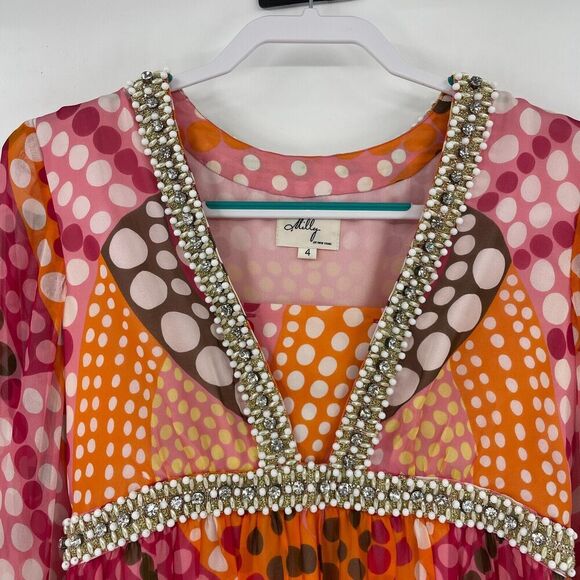 Milly Empire Waist Mini Dress Women's 4 Multicolor Polka Dot Embellished Silk - Picture 2 of 16